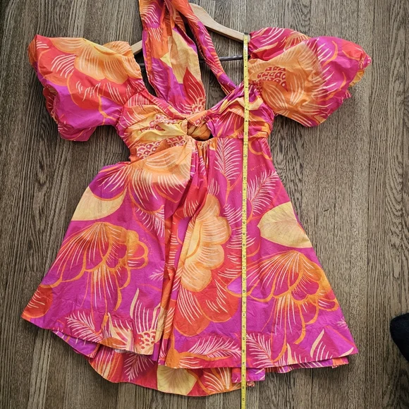 FARM Rio summer garden ombre puff sleeve tie back mini dress floral orange pink - Picture 10 of 10